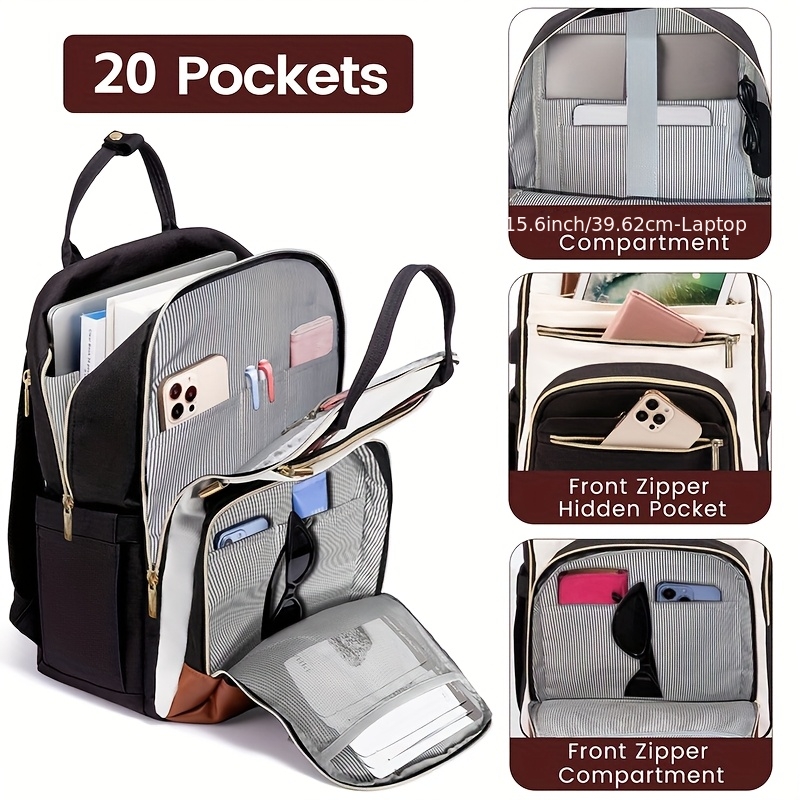 Laptop Backpack 15.6 - 女性用ツートンカラーのノートパソコン用バックパック、防水仕様の可愛いビジネス旅行バッグ、ゴールドのジッパー付き、15.6インチのノートパソコンに適合
