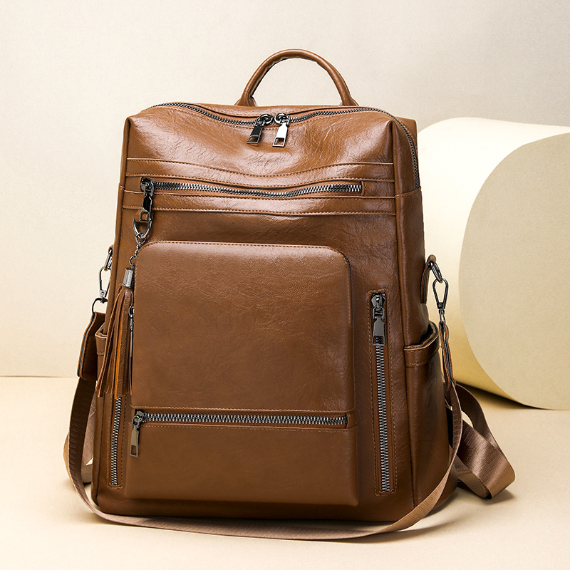 Leather Backpack Vintage - ヴィンテージレザー風バックパックセット、多機能ソリッドカラーPU、大容量、多ポケット、調節可能なストラップ、デイリーバックパックに最適