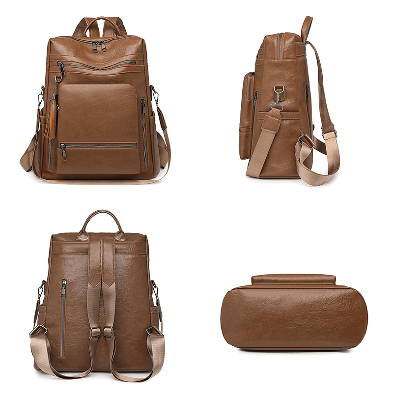 ヴィンテージレザー風バックパックセット、多機能ソリッドカラー - Leather Backpack Vintage のレビューと価格